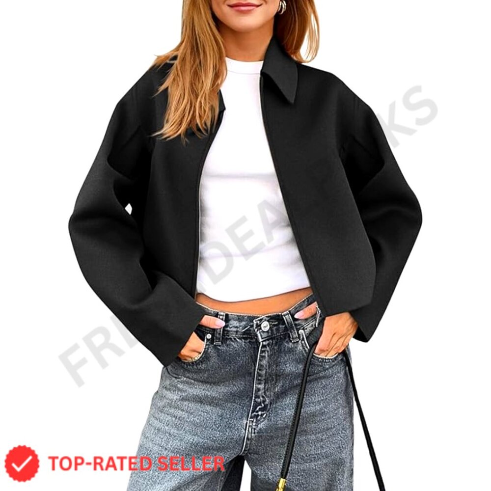 Cropped Pea Coat Bomber Jacket Wool Blend Zip Up Casual Loose Fit